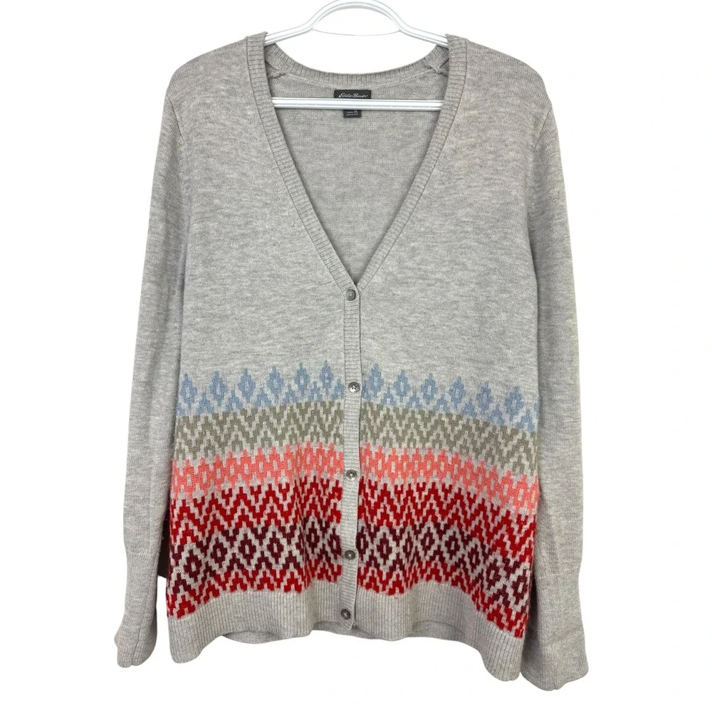 Eddie Bauer Womens XL Grey Geometric Fair Isle Mohair Blend V-Neck Cardigan XL